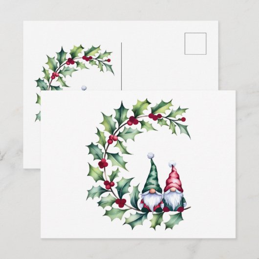 Kerst Gnomen op Holly Berry Twig Briefkaart (Voorkant / Achterkant)