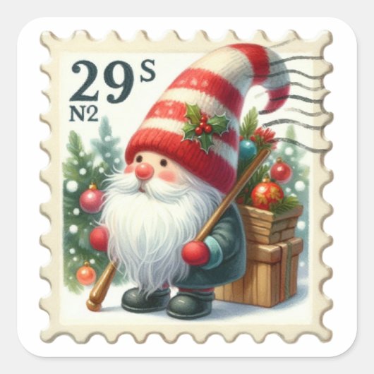 Kerst  Gnomen Postzegels Vierkante Sticker (Voorkant)