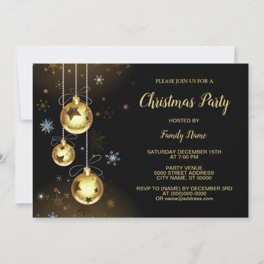 Kerst Golden Ornamenten Shiny Stars Black Party Kaart (Voorkant)