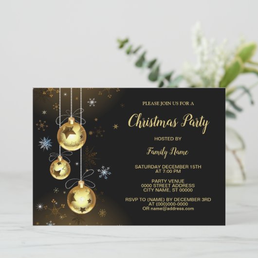 Kerst Golden Ornamenten Shiny Stars Black Party Kaart (Staand voorkant)