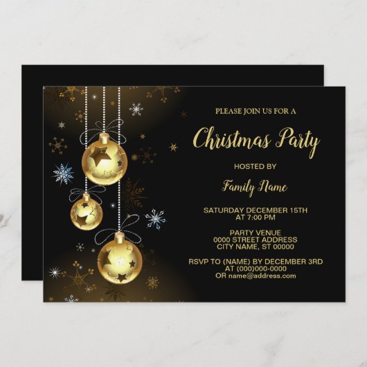 Kerst Golden Ornamenten Shiny Stars Black Party Kaart (Voorkant / Achterkant)