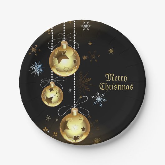 Kerst Golden Ornamenten Shiny Stars Zwart Papieren Bordje (Voorkant)