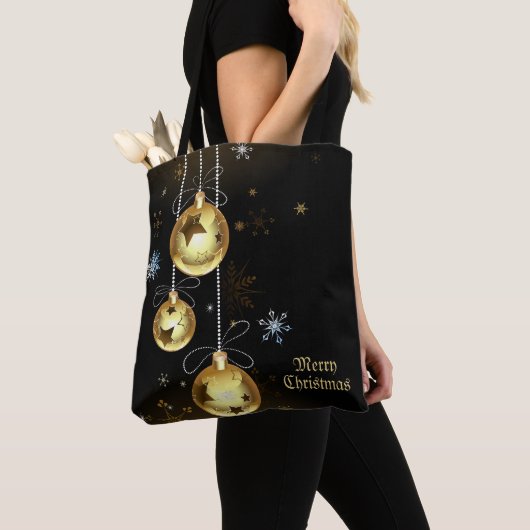Kerst Golden Ornamenten Shiny Stars Zwart Tote Bag (Dichtbij)