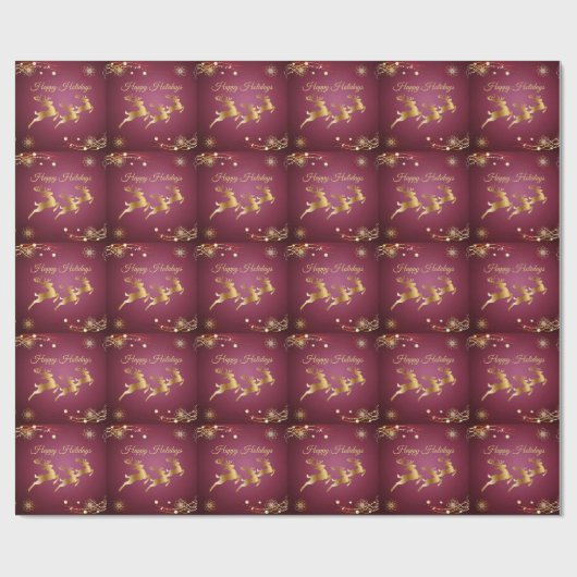 Kerst Golden Reindeers Rode Roze Elegant Cadeaupapier (Vlak)