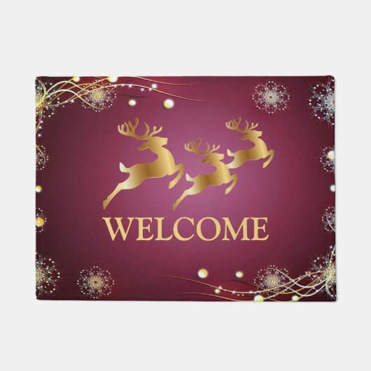 Kerst Golden Reindeers Rode Roze Elegant Deurmat (Voorkant)