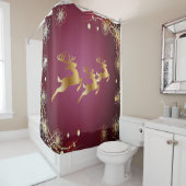 Kerst Golden Reindeers Rode Roze Elegant Douchegordijn (In situ)