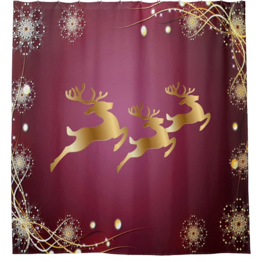 Kerst Golden Reindeers Rode Roze Elegant Douchegordijn (Voorkant)