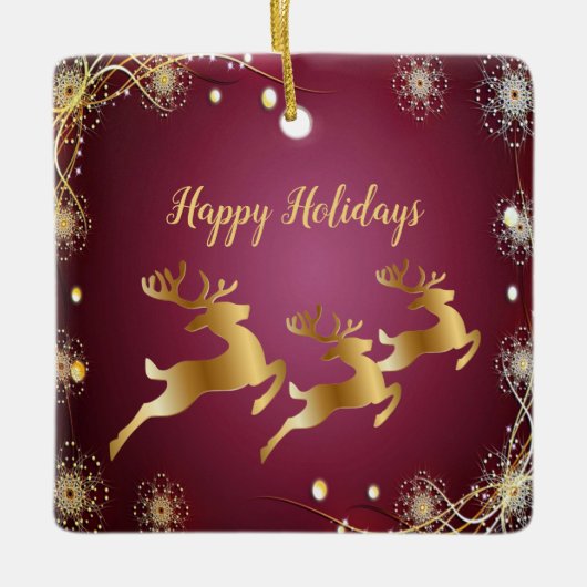 Kerst Golden Reindeers Rode Roze Elegant Keramisch Ornament (Voorkant)