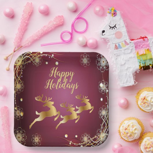 Kerst Golden Reindeers Rode Roze Elegant Papieren Bordje (Feest)