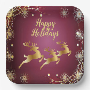 Kerst Golden Reindeers Rode Roze Elegant Papieren Bordje