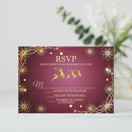 Kerst Golden Reindeers Rode Roze Elegant RSVP Kaartje (Staand voorkant)