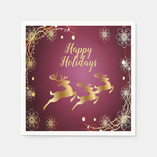 Kerst Golden Reindeers Rode Roze Elegant Servet (Voorkant)