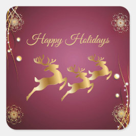 Kerst Golden Reindeers Rode Roze Elegant Vierkante Sticker