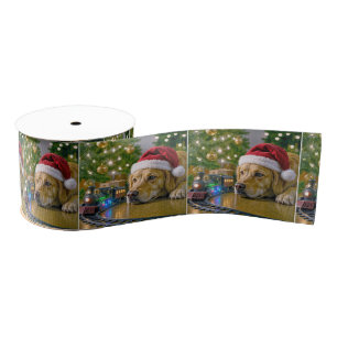 Kerst Golden Retriever die een speelgoedtrein beki Grosgrain Lint