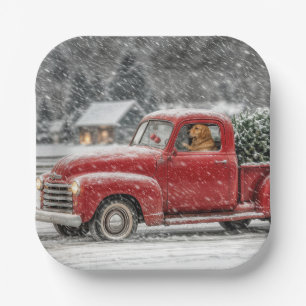 Kerst Golden Retriever in een Retro Pick-up Papieren Bordje