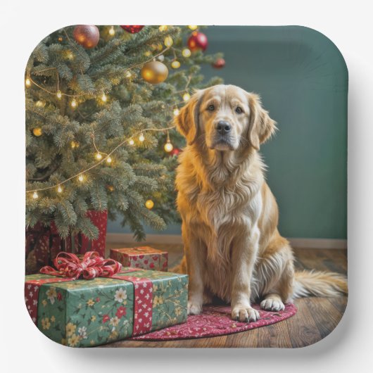 Kerst Golden Retriever met geschenken Papieren Bordje (Voorkant)