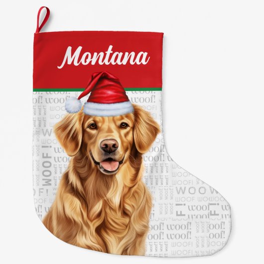 Kerst Golden Retriever Naam Woof Achtergrond Grote Kerstsok (Voorkant)