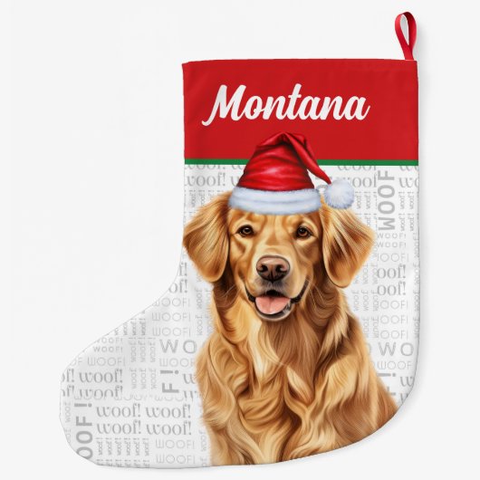 Kerst Golden Retriever Naam Woof Achtergrond Grote Kerstsok (Achterkant)