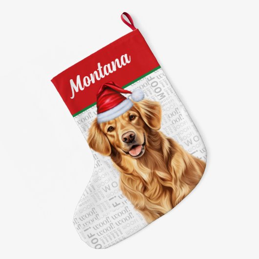 Kerst Golden Retriever Naam Woof Achtergrond Grote Kerstsok (Achterkant (Hangend))