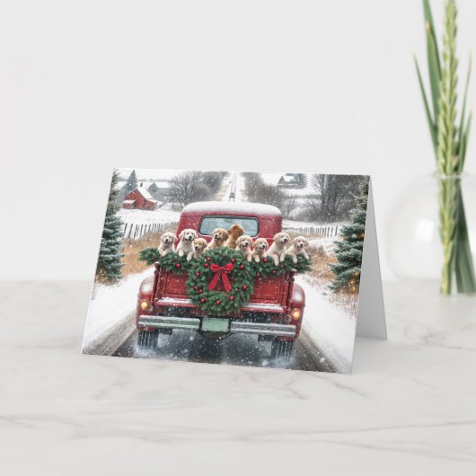 Kerst Golden Retrievers in rode vrachtwagen Feestdagen Kaart (Voorkant)