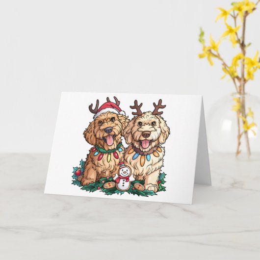 Kerst Goldendoodle Honden Kaart (Gele Bloem)