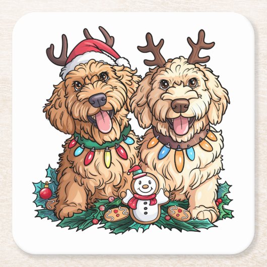 Kerst Goldendoodle Honden Kartonnen Onderzetters (Voorkant)