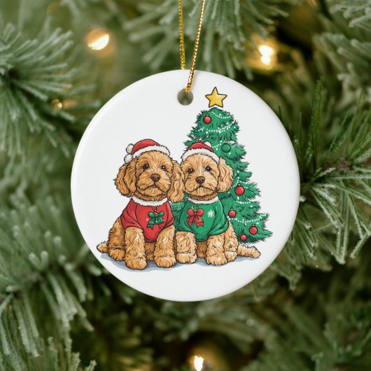 Kerst Goldendoodle Honden Keramisch Ornament (Boom)