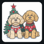 Kerst Goldendoodle Honden Vierkante Sticker<br><div class="desc">Schattigee illustratie van Goldendoodle-honden gekleed in vakantielichtjes. Ideaal voor liefhebbers en eigenaren tijdens de feestdagen.</div>