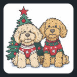 Kerst Goldendoodle Honden Vierkante Sticker<br><div class="desc">Schattigee illustratie van Goldendoodle-honden gekleed in vakantielichtjes. Ideaal voor liefhebbers en eigenaren tijdens de feestdagen.</div>