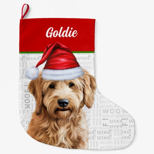 Kerst Goldendoodle met de naam van de hond Grote Kerstsok (Voorkant)