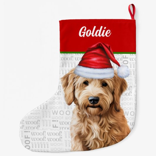 Kerst Goldendoodle met de naam van de hond Grote Kerstsok (Achterkant)