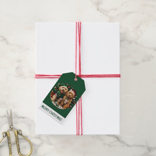 Kerst Goldendoodle Puppy Honden Cadeaulabel (Met Touw)