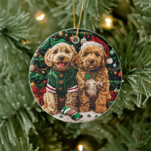 Kerst Goldendoodle Puppy Honden Keramisch Ornament (Boom)