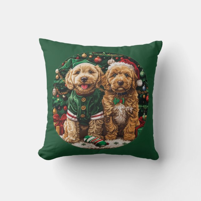 Kerst Goldendoodle Puppy Honden Kussen (Voorkant)
