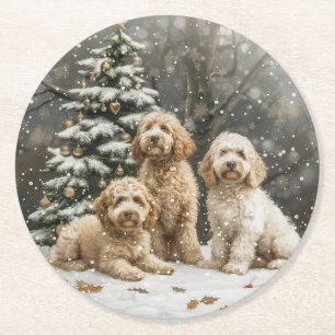 Kerst Goldendoodle Puppy Honden Ronde Kartonnen Onderzetter