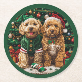 Kerst Goldendoodle Puppy Honden Ronde Kartonnen Onderzetter