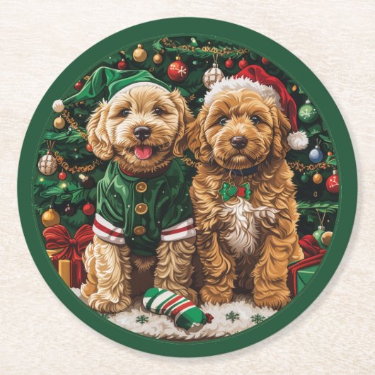 Kerst Goldendoodle Puppy Honden Ronde Kartonnen Onderzetter (Voorkant)