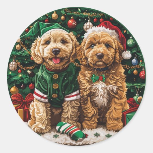 Kerst Goldendoodle Puppy Honden Ronde Sticker (Voorkant)