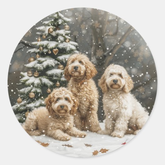 Kerst Goldendoodle Puppy Honden Ronde Sticker (Voorkant)