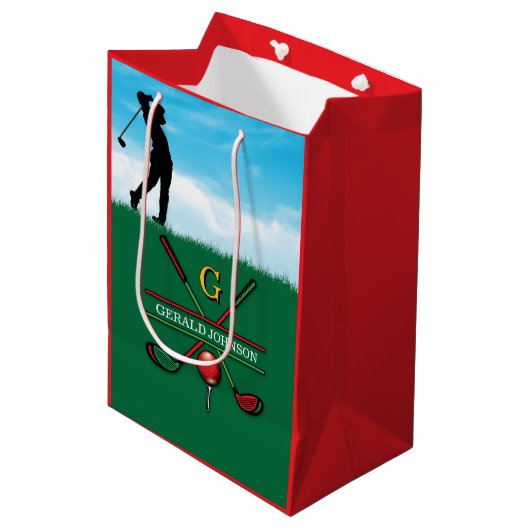 Kerst Golfer Monogram Ontwerp Medium Cadeauzakje (Voorkant Gekanteld)