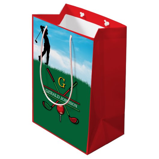 Kerst Golfer Monogram Ontwerp Medium Cadeauzakje (Achterkant Gekanteld)