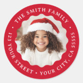 Kerst golvende grens rode foto retour adres ronde sticker (Voorkant)