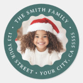 Kerst golvende rand groene foto retour adres ronde sticker (Voorkant)