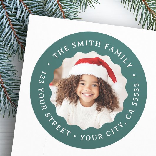 Kerst golvende rand groene foto retour adres ronde sticker