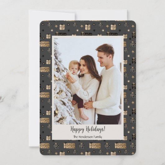 Kerst Goud en Zwart Familiefoto Feestdagenkaart (Voorkant)