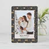 Kerst Goud en Zwart Familiefoto Feestdagenkaart (Staand voorkant)