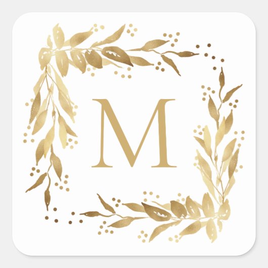 Kerst Goud Foliage Krans Monogram op Wit Vierkante Sticker (Voorkant)