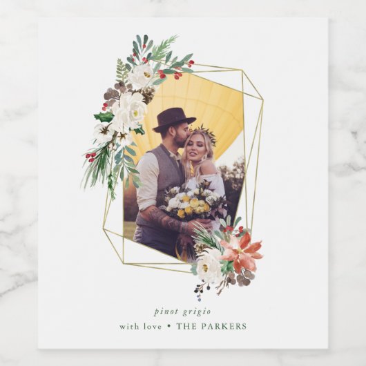 Kerst Goud Geometrische Foto | Bloemenvakantie Wijn Etiket (Enkel label)