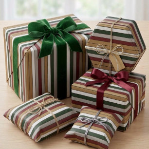 Kerst Goud Groen Rood Zilver en Witte Strepen Cadeaupapier