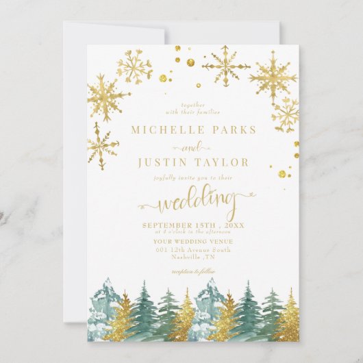 Kerst Goud Groen Woodland Pine Trees Wedding I Kaart (Voorkant)